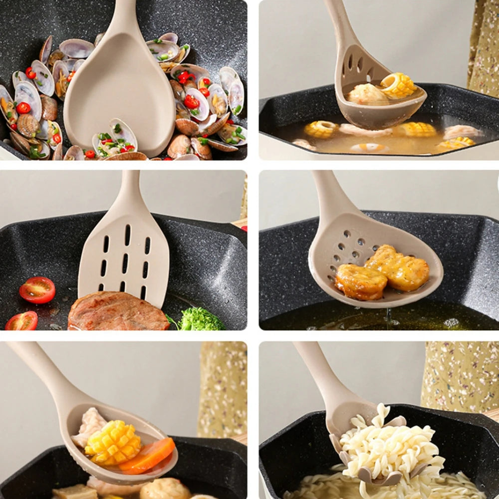 EcoNest Kitchen 4-Piece Silicone Spatula Set with Wooden Handles in action, showcasing various cooking tasks.