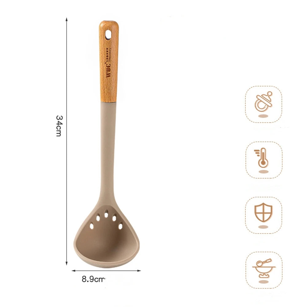 EcoNest Kitchen 4-Piece Silicone Spatula Set with Wooden Handles shown with a silicone ladle featuring a wooden handle.
