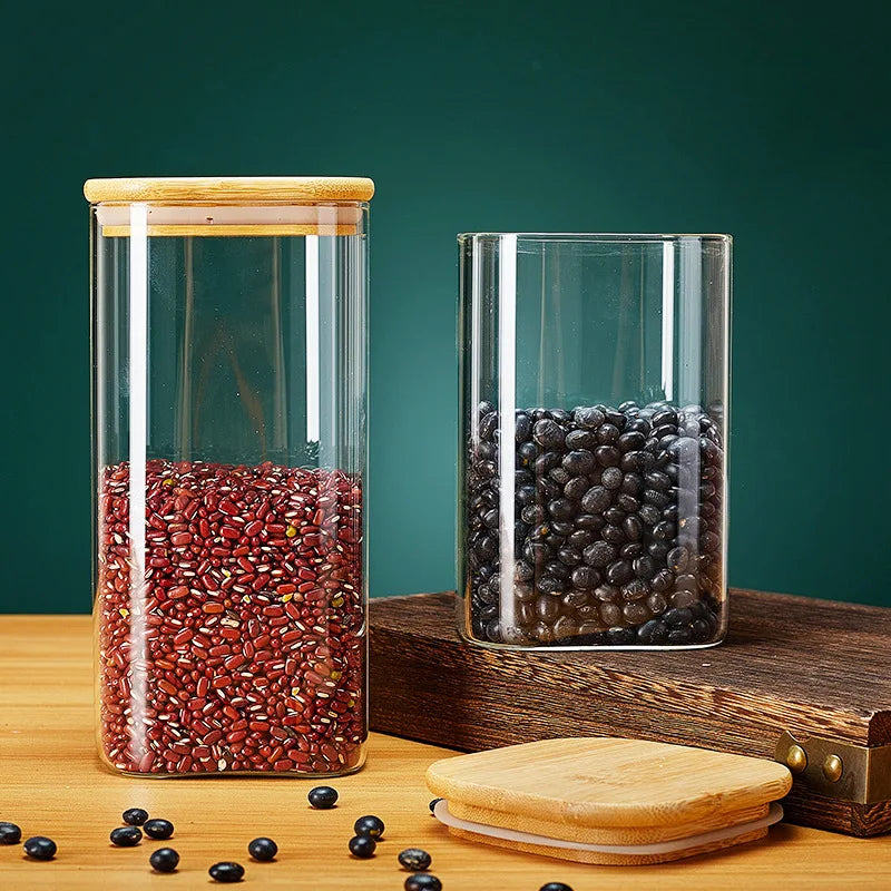 EcoNest Kitchen Square Glass Storage Jars with Bamboo Lids for Food Storage