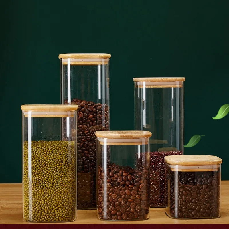 EcoNest Kitchen Square Glass Storage Jars with Bamboo Lids for Food Storage