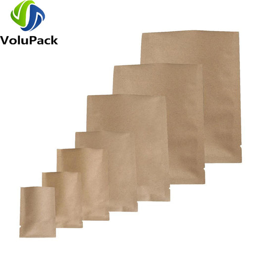 High-quality kraft paper and aluminum foil mylar storage bags with heat seal, open top design, for food packaging and preservation.