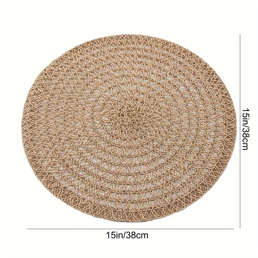 Set of 6 natural woven jute placemats, round, heat resistant and non-slip, ideal for tables at parties, weddings, and casual dining.