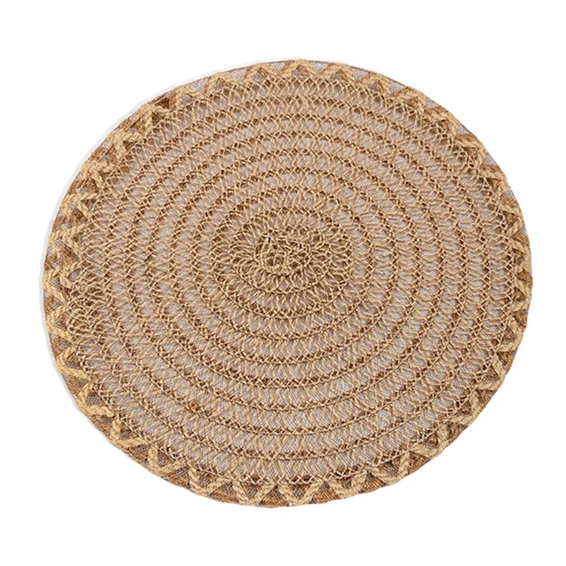 Set of 6 natural woven jute placemats, round, heat resistant and non-slip, ideal for tables at parties, weddings, and casual dining.