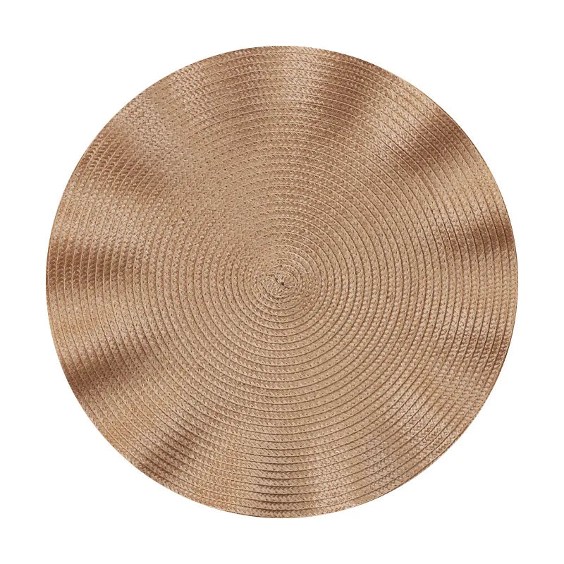 Round woven placemat on a white background