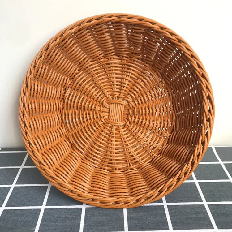 Woven brown basket on a checkered floor