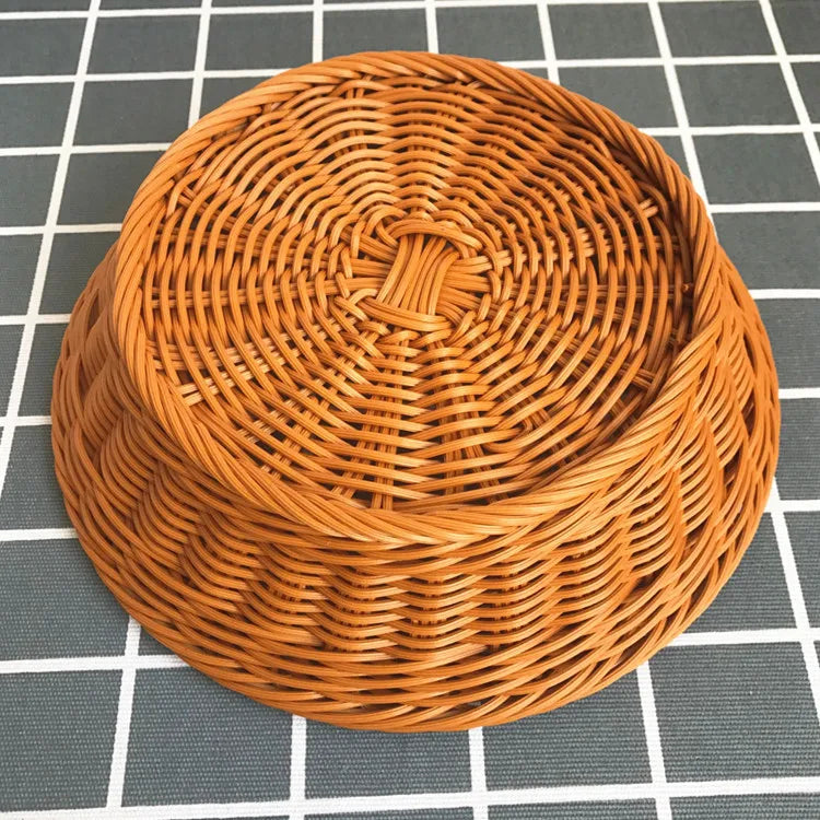 Woven brown basket on a grid background