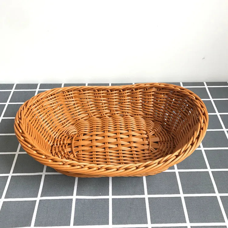 Woven bread basket on a grid background