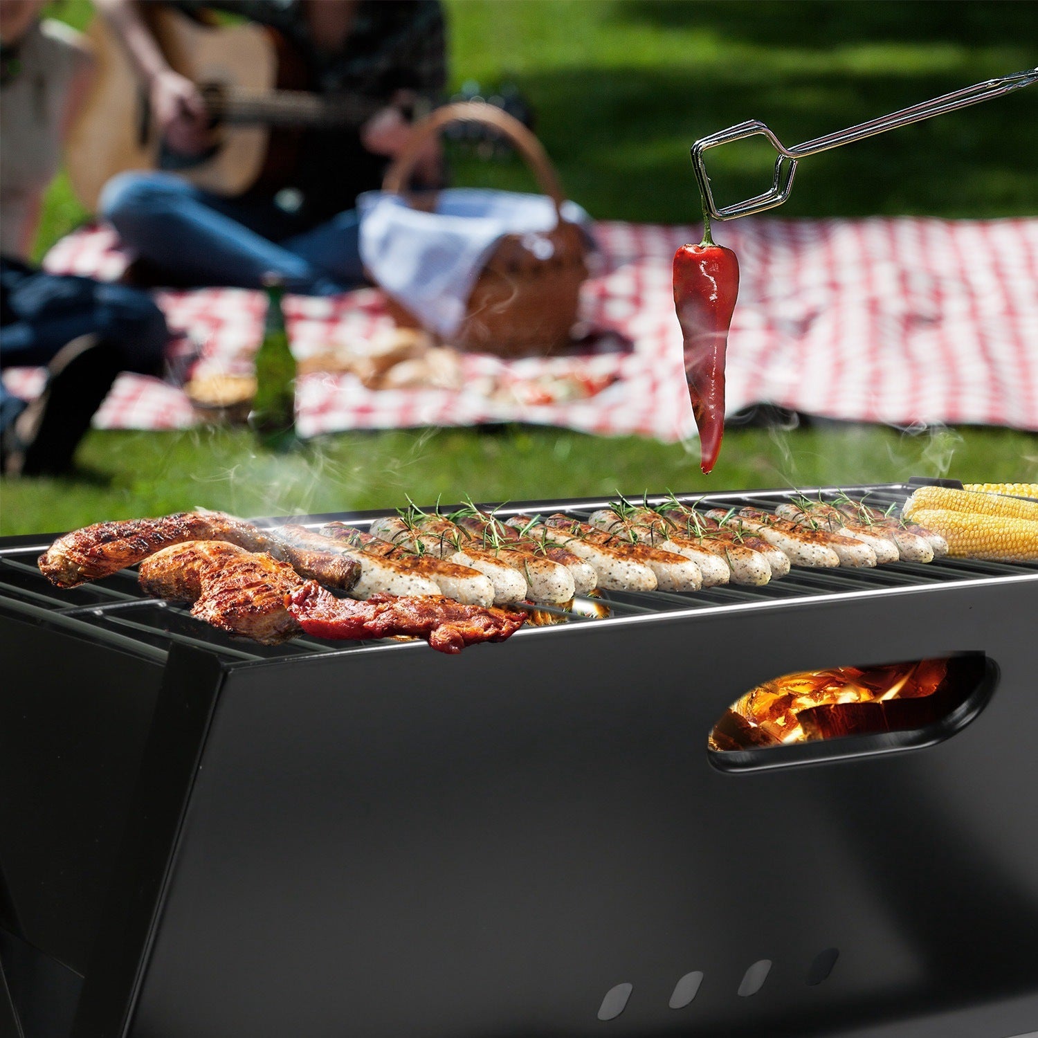 EcoNest Portable BBQ Grill set up outdoors, showcasing its foldable design, large cooking area, and durable construction, perfect for camping and picnics.