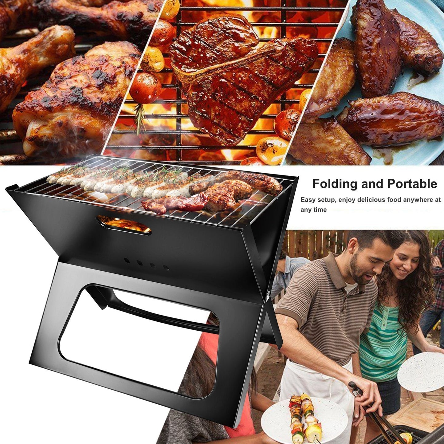 EcoNest Portable BBQ Grill set up outdoors, showcasing its foldable design, large cooking area, and durable construction, perfect for camping and picnics.