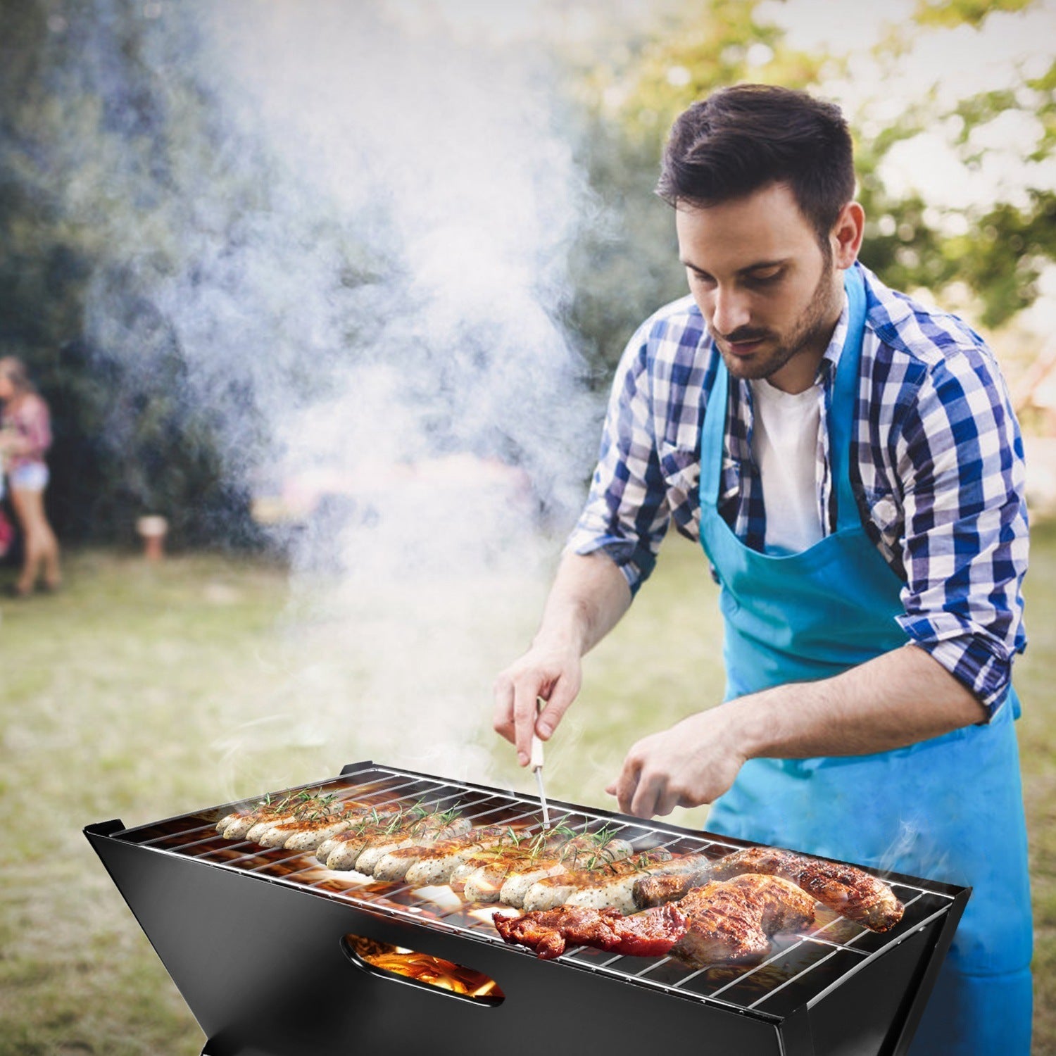 EcoNest Portable BBQ Grill set up outdoors, showcasing its foldable design, large cooking area, and durable construction, perfect for camping and picnics.