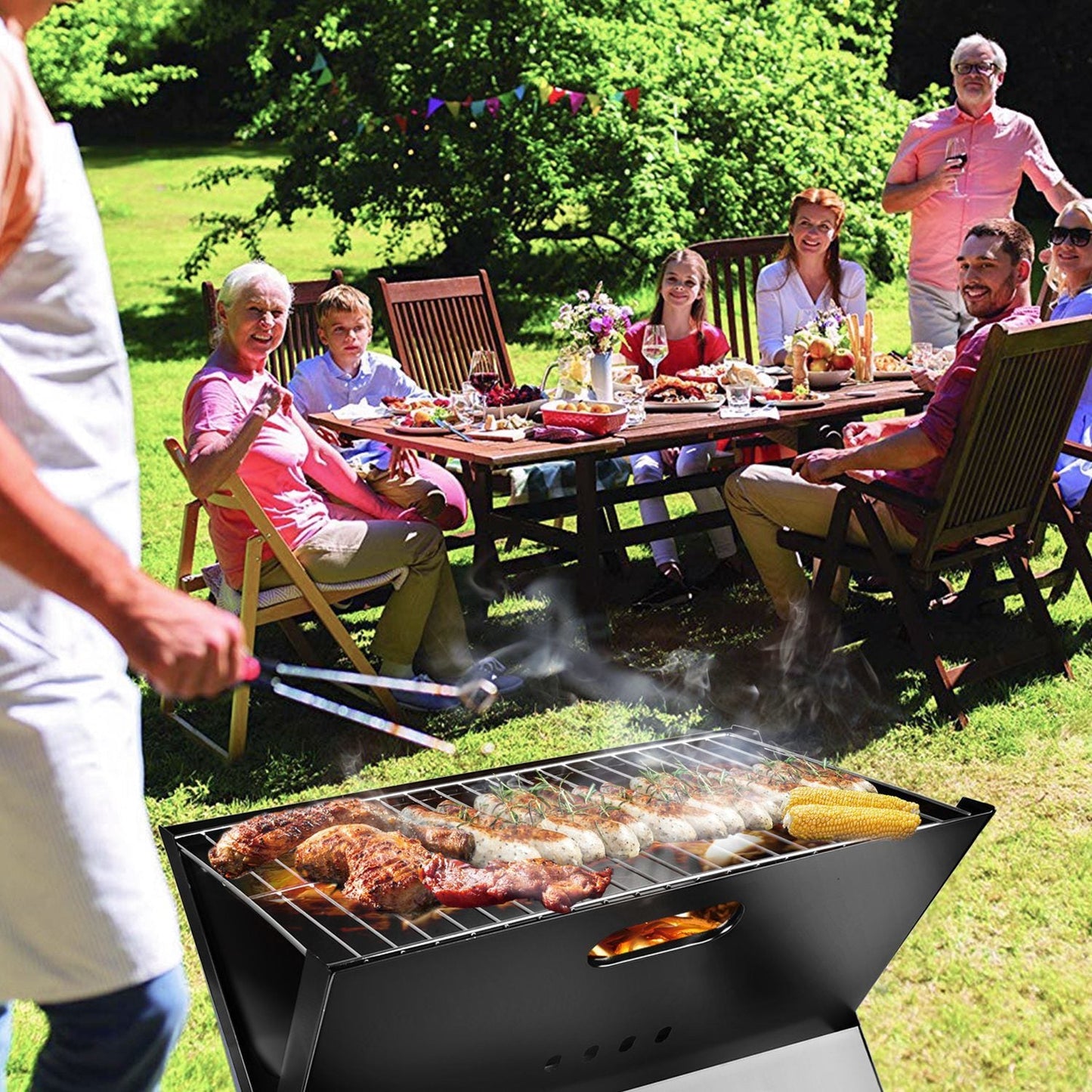 EcoNest Portable BBQ Grill set up outdoors, showcasing its foldable design, large cooking area, and durable construction, perfect for camping and picnics.