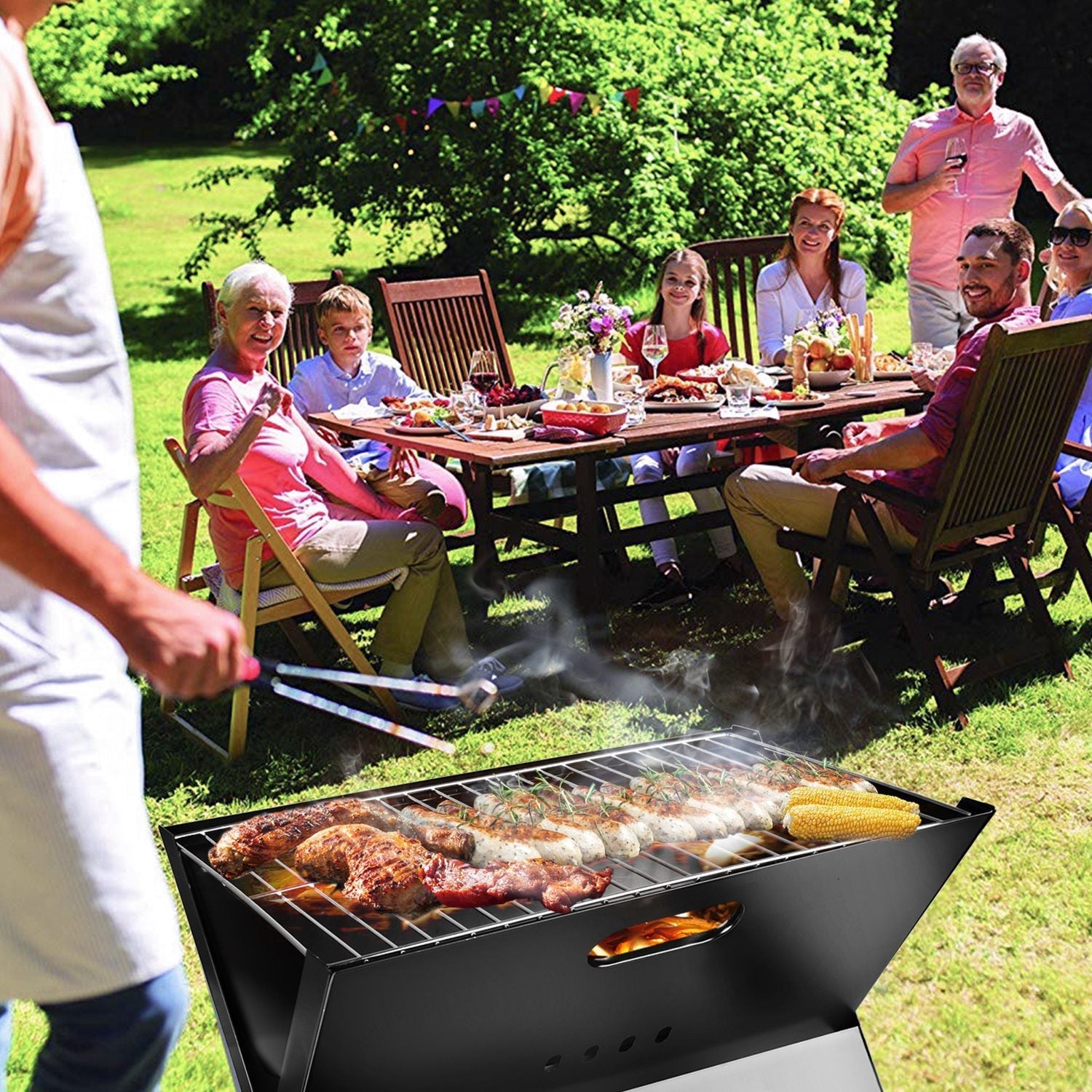 EcoNest Portable BBQ Grill set up outdoors, showcasing its foldable design, large cooking area, and durable construction, perfect for camping and picnics.