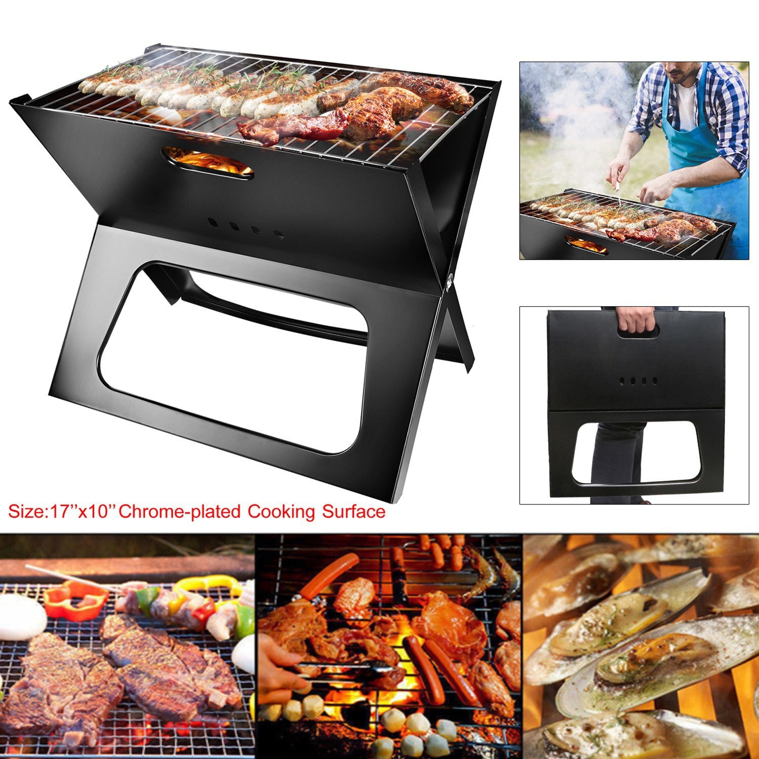 EcoNest Portable BBQ Grill set up outdoors, showcasing its foldable design, large cooking area, and durable construction, perfect for camping and picnics.
