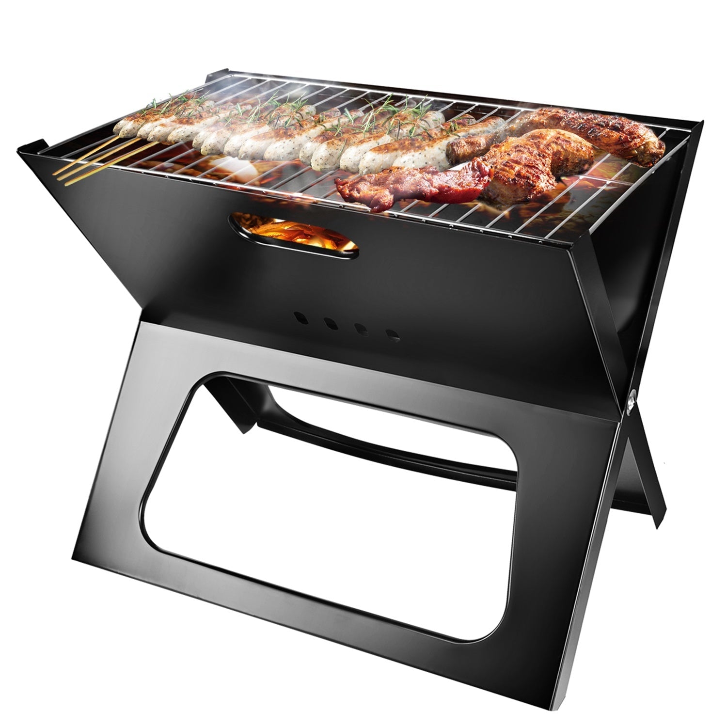EcoNest Portable BBQ Grill set up outdoors, showcasing its foldable design, large cooking area, and durable construction, perfect for camping and picnics.