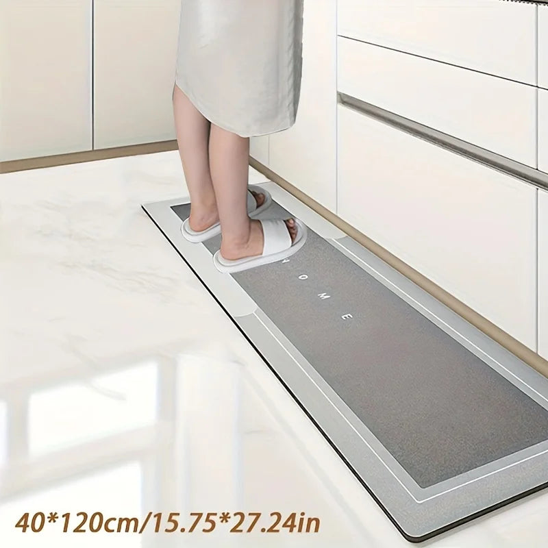 Person stepping onto a rectangular mat with dimensions displayed, in a kitchen setting.