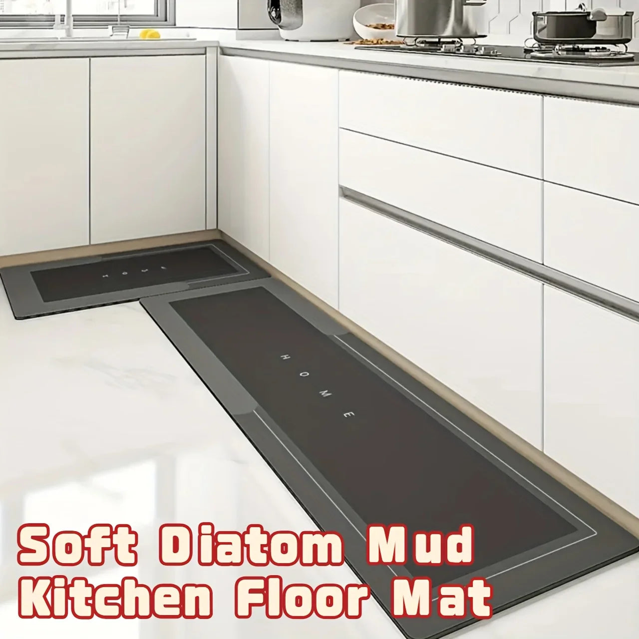 Kitchen floor mat with text overlay in a modern kitchen setting