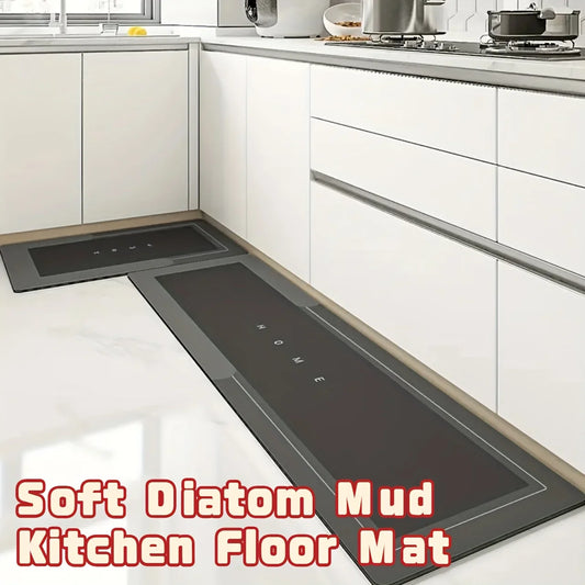 Kitchen floor mat with text overlay in a modern kitchen setting