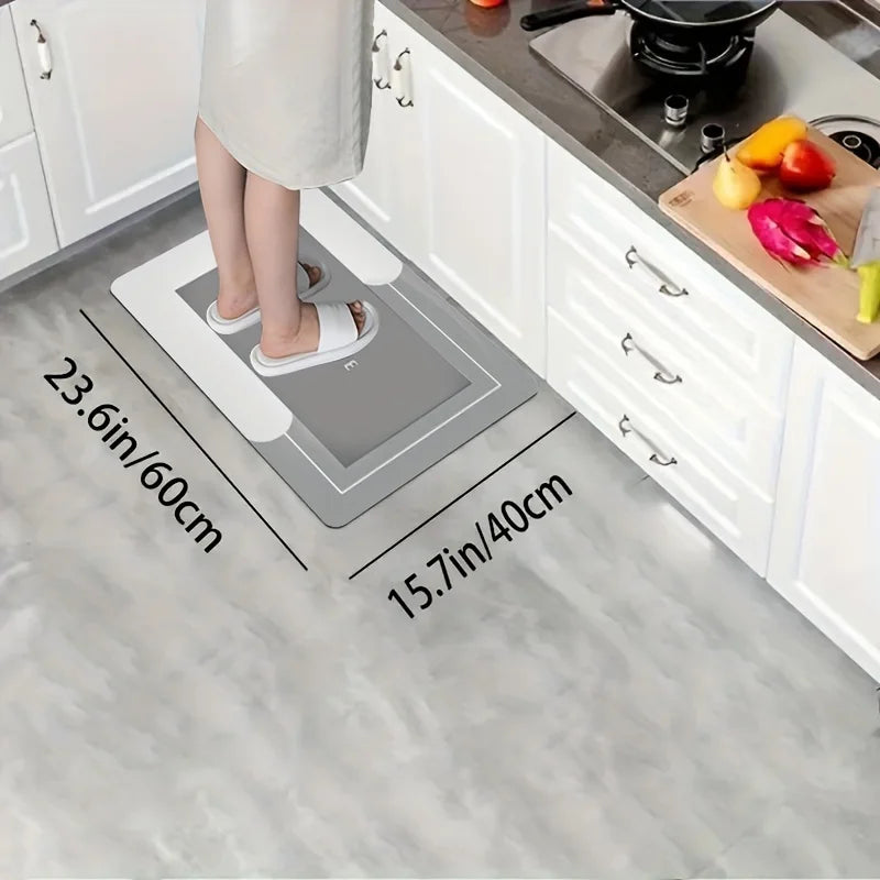 Gray kitchen mat with measurements displayed in a kitchen setting