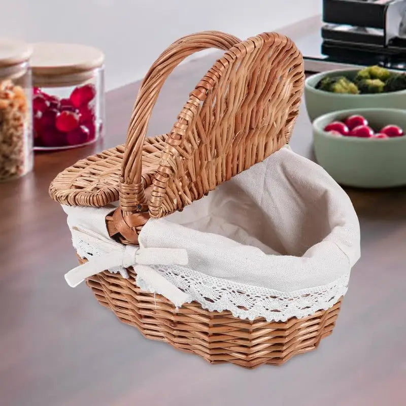 Wicker basket with a white liner on a kitchen counter