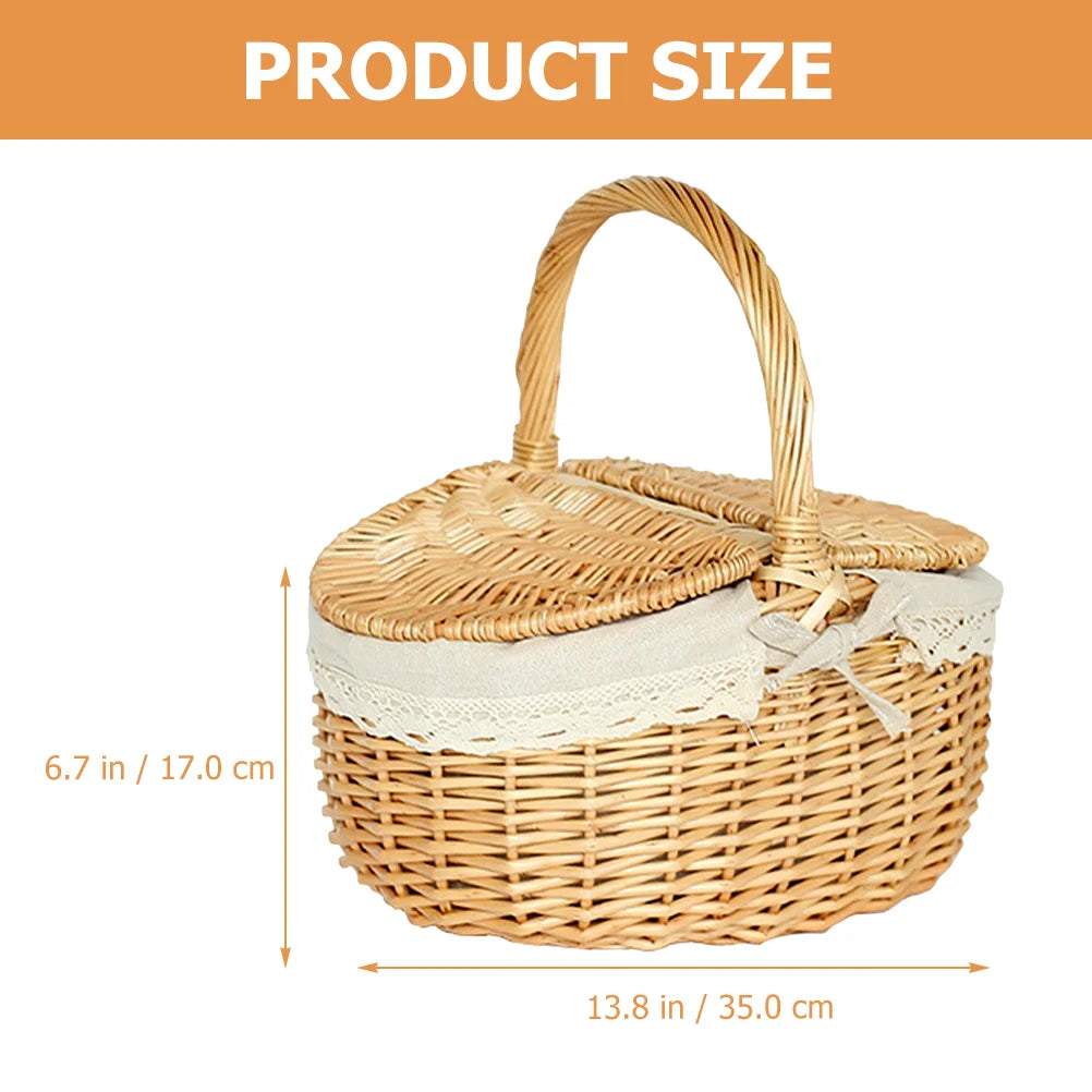 Wicker picnic basket with dimensions indicated on a white background