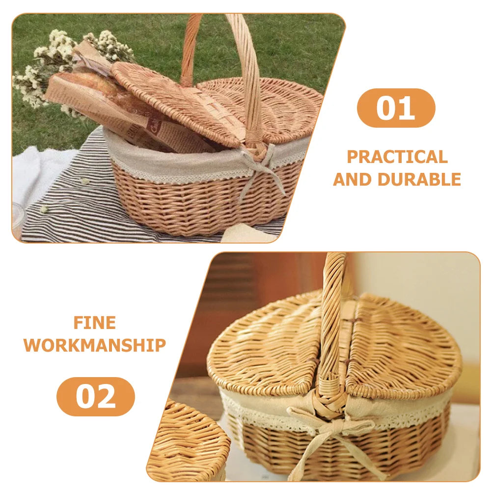 Wicker picnic basket with a blanket on grass, labeled 'Practical and durable' and 'Fine workmanship'.