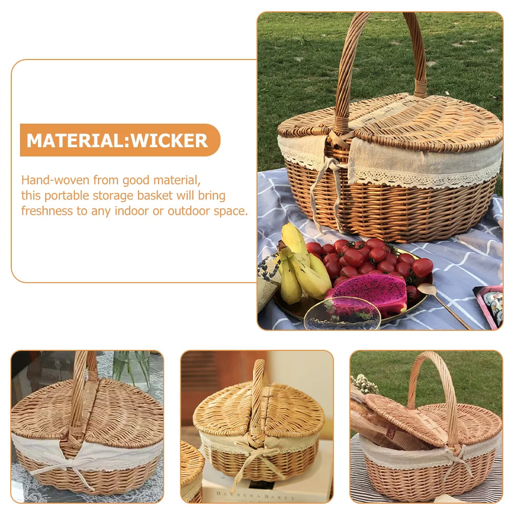 Wicker picnic basket with food items on a tablecloth, surrounded by images of the basket from different angles.