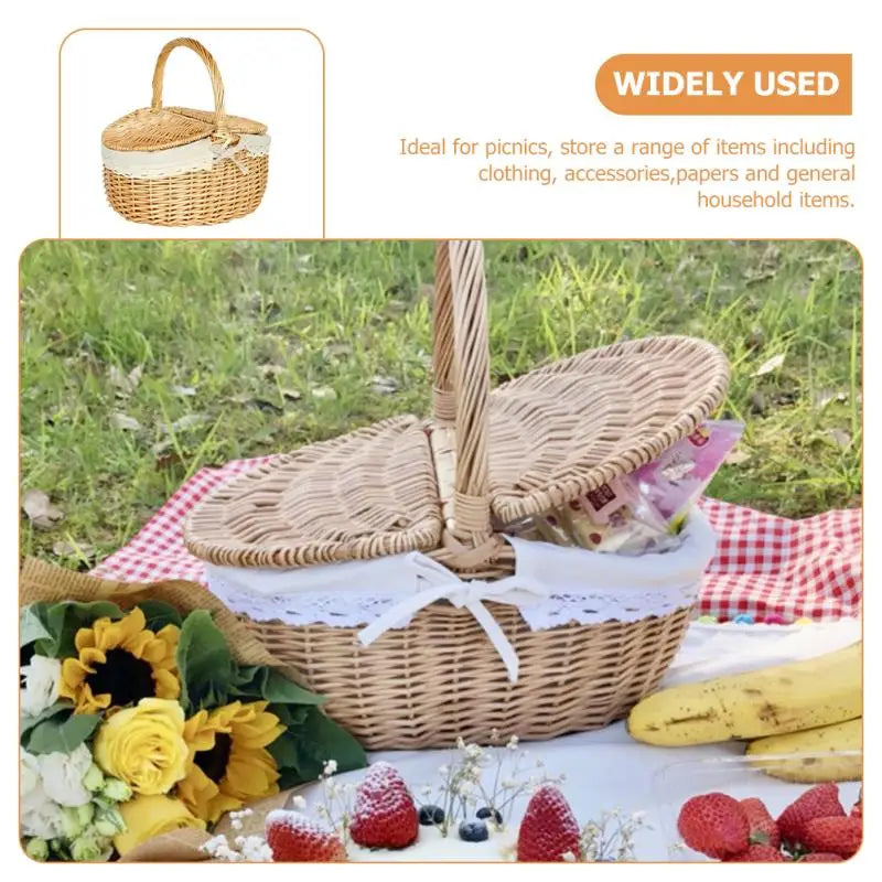 Wicker picnic basket with flowers, fruits, and a blanket on grass