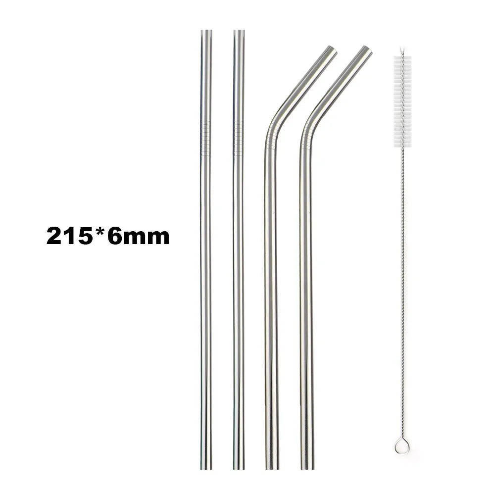 Set of metal straws with cleaning brush on a white background