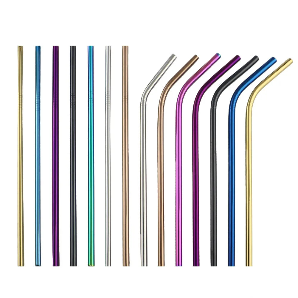 Set of colorful metal straws on a white background