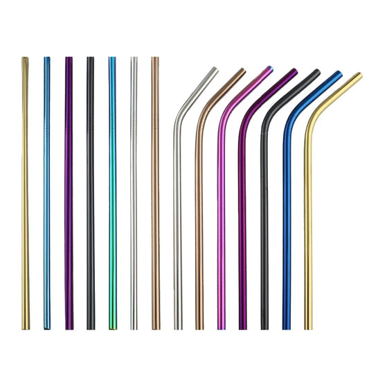 Set of colorful metal straws on a white background