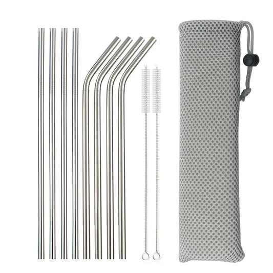 Set of metal straws with cleaning brush and carrying case on a white background