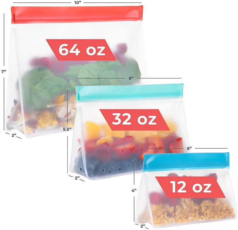 EcoNest Kitchen's colorful reusable silicone food storage bags standing upright with various foods