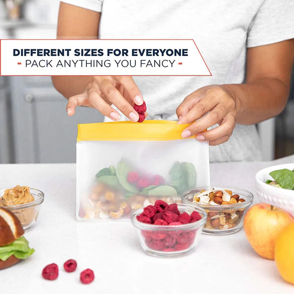 EcoNest Kitchen's colorful reusable silicone food storage bags standing upright with various foods