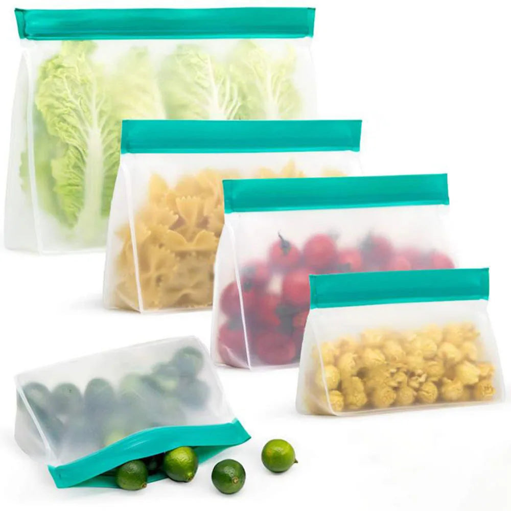 EcoNest Kitchen's colorful reusable silicone food storage bags standing upright with various foods