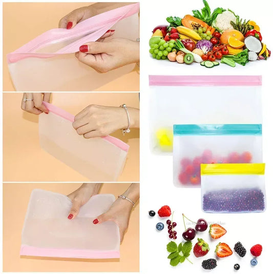 EcoNest Kitchen's colorful reusable silicone food storage bags standing upright with various foods