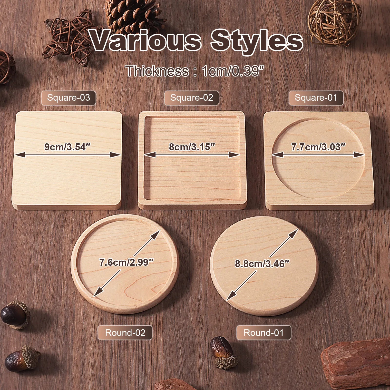 Wooden coasters of different shapes and sizes on a wooden surface with measurements.