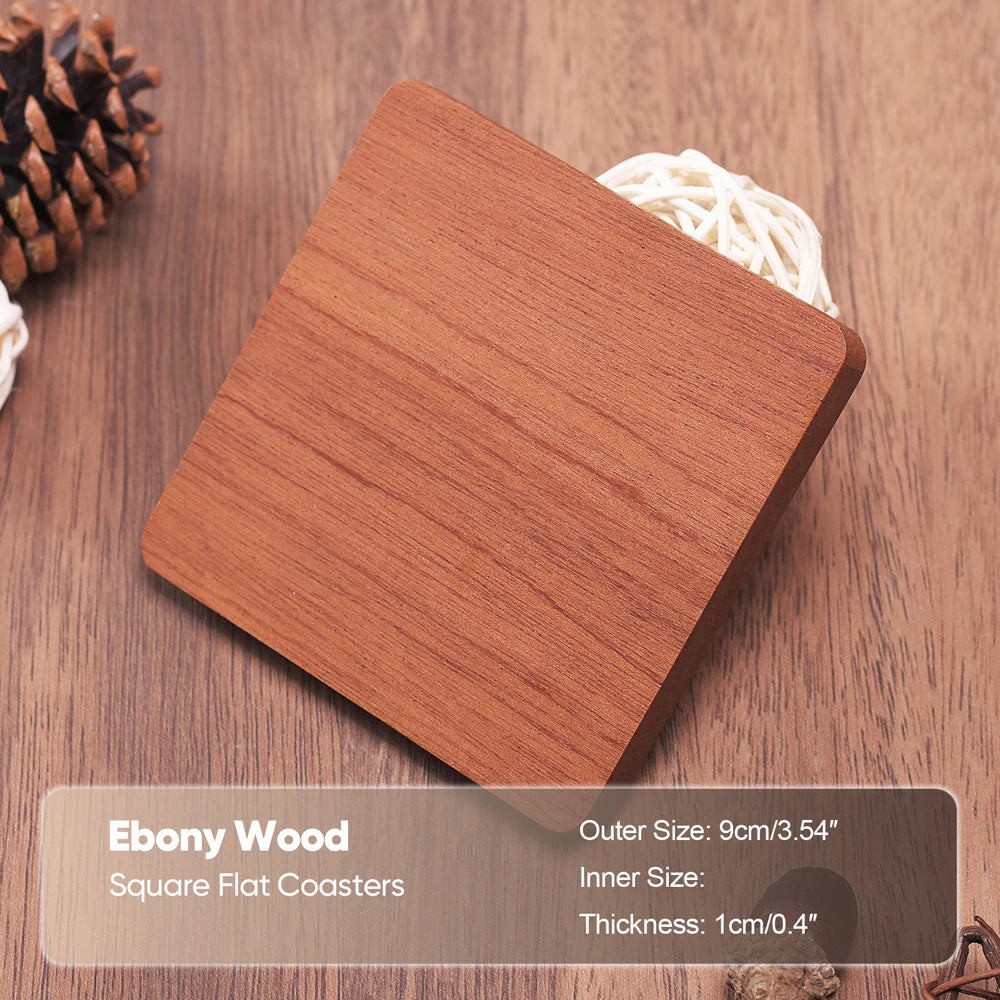 Wooden coaster on a wooden surface with product details.