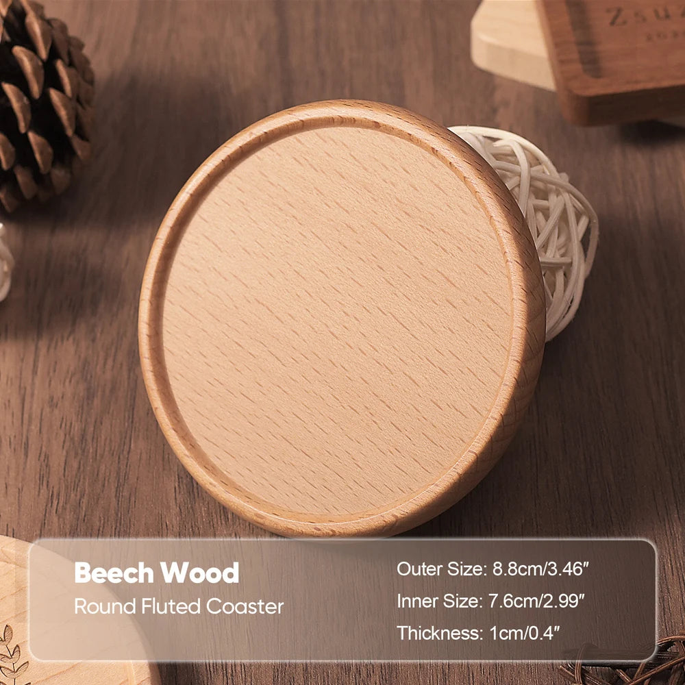 Round fluted coaster made of beech wood on a wooden surface with text overlay.
