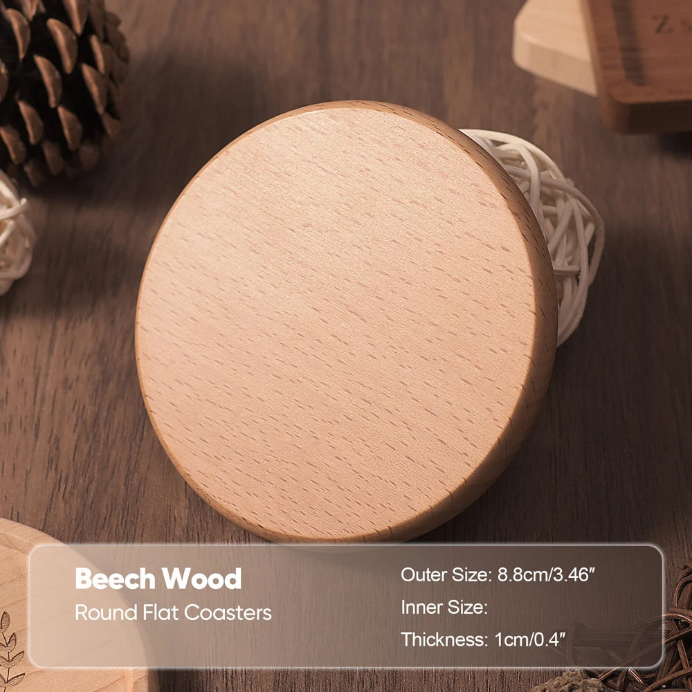 Round flat coaster made of beech wood on a wooden surface with text overlay.