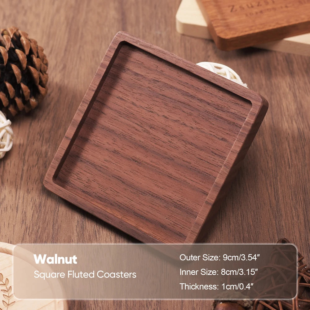 Wooden coaster with fluted edges on a wooden surface, labeled as 'Walnut Square Fluted Coasters'.