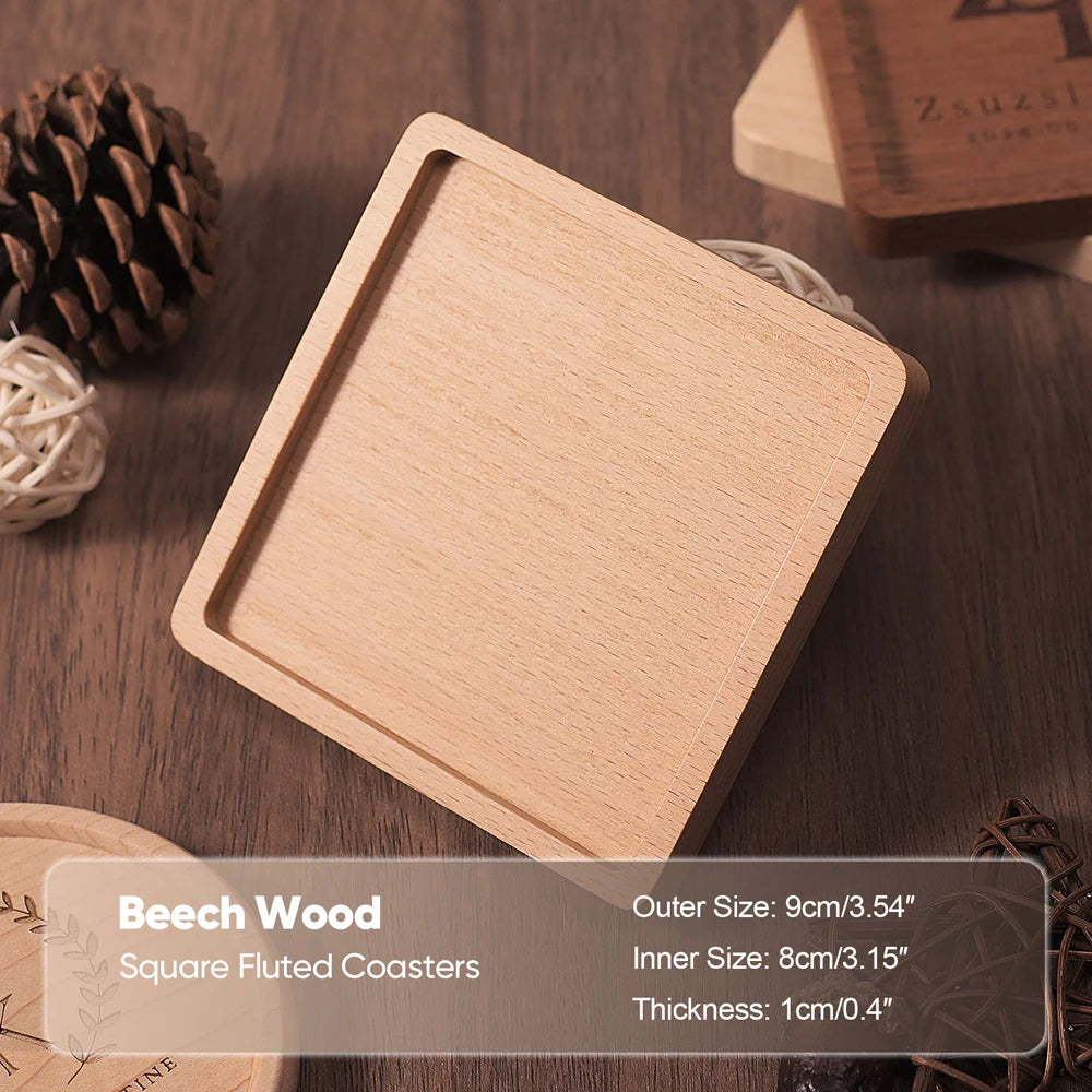 Beech wood square fluted coaster on a wooden surface with text overlay.