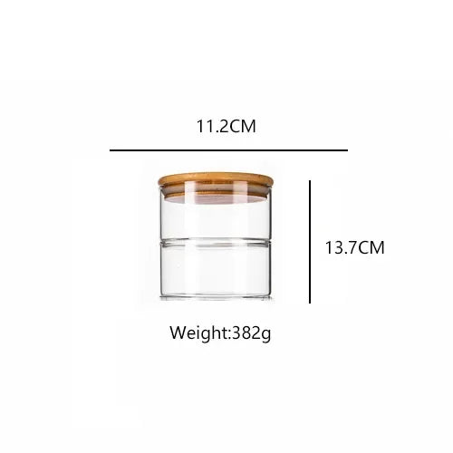 Clear glass jar with wooden lid and measurements on a white background