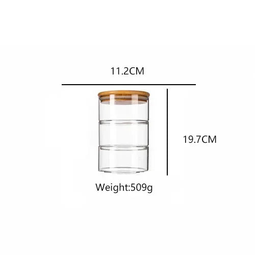 Glass container with wooden lid and measurements on a white background