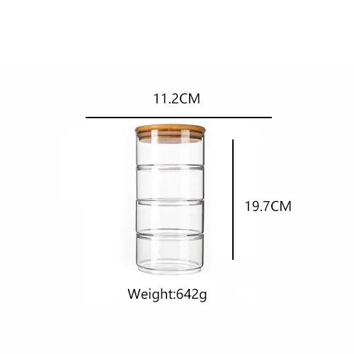 Glass storage jars with wooden lids and measurements on a white background