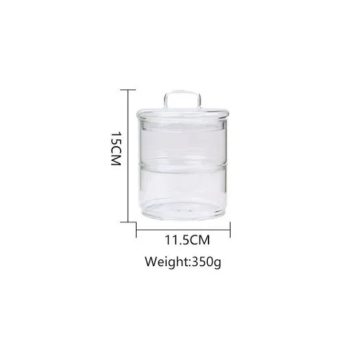 Clear glass jar with dimensions and weight on a white background