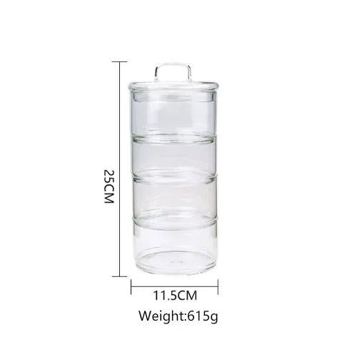 Clear glass container with dimensions and weight on a white background