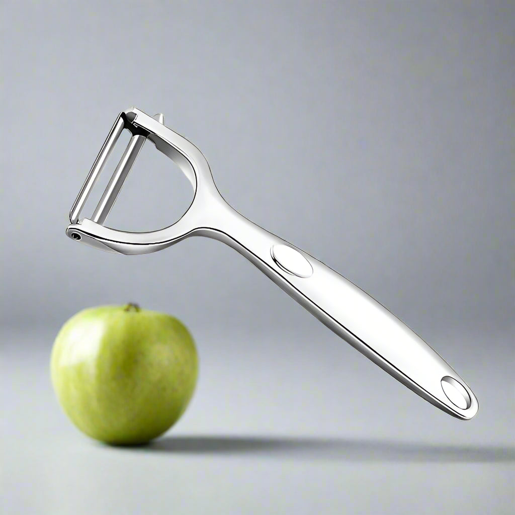 Metallic kitchen peeler on a white background