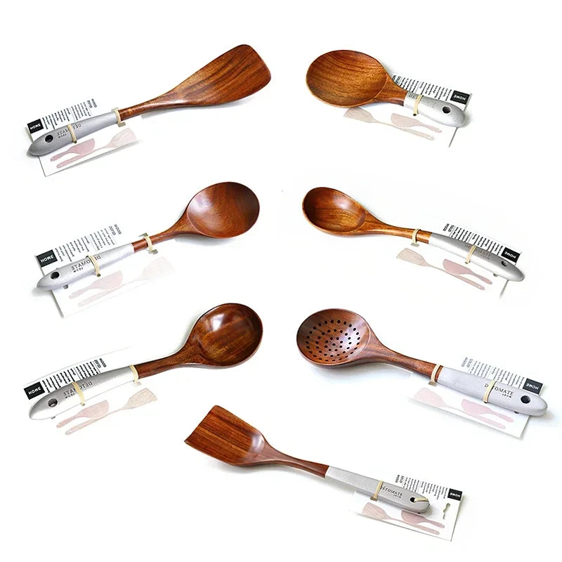 Solid teak wood rice scoop and spatula set for eco-friendly, stylish kitchen cooking and serving.