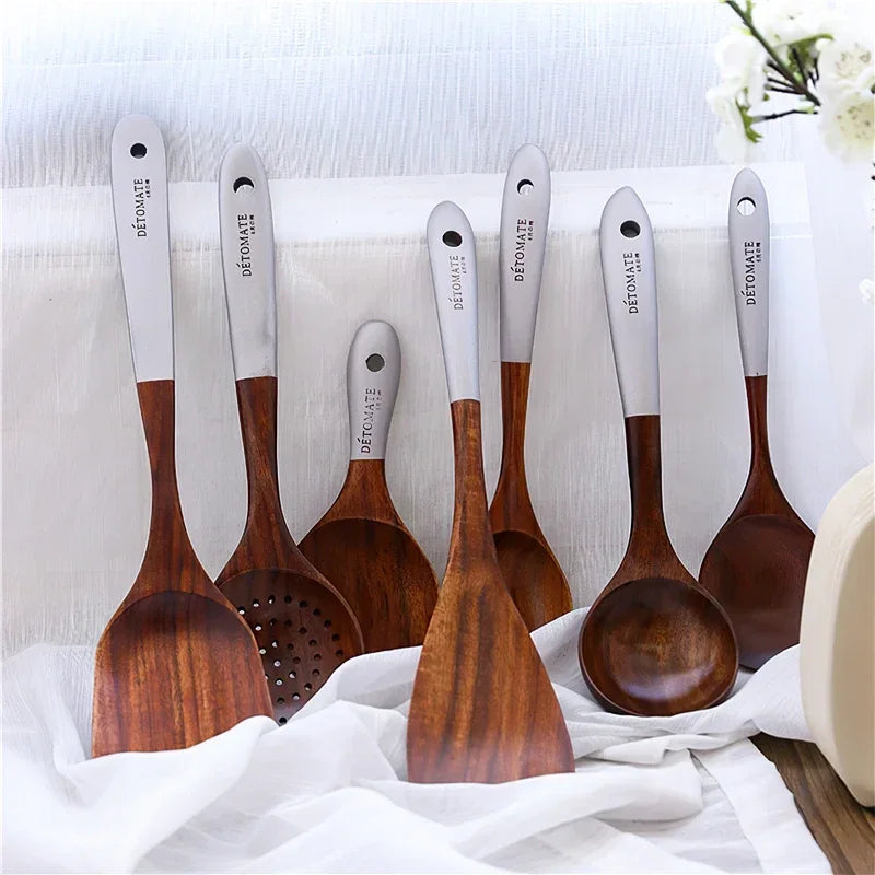 Solid teak wood rice scoop and spatula set for eco-friendly, stylish kitchen cooking and serving.