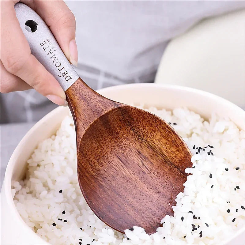 Solid teak wood rice scoop and spatula set for eco-friendly, stylish kitchen cooking and serving.